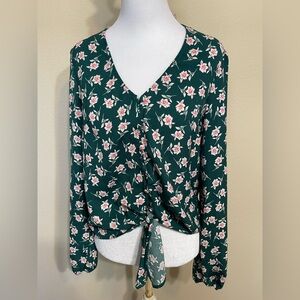 Ash & Violet green floral long-sleeve button-up tie-front blouse Women’s Medium